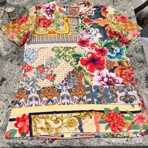 Johnny Was Multicolor Floral Patchwork Top